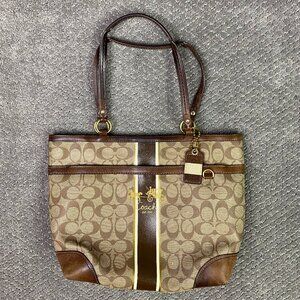 Coach Signature Bag Handbag Shoulder Tote Canvas Leather Brown D0873-12358